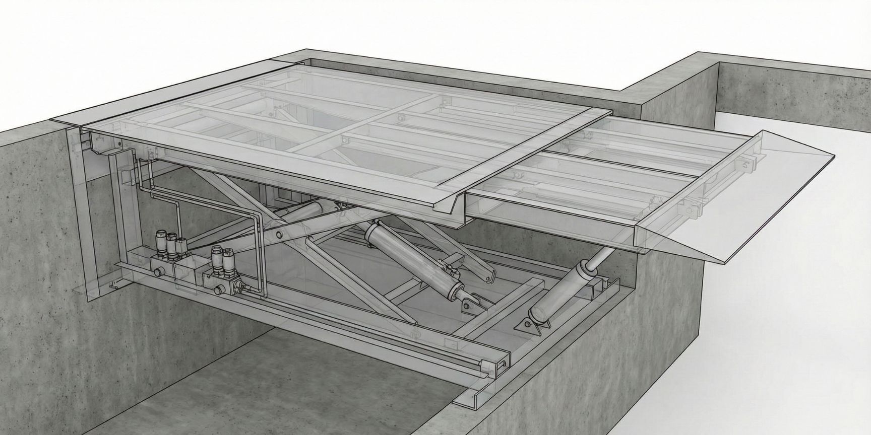 Technische Schnittzeichnung einer hydraulischen Vorschub-Überladebrücke in einer Betongrube, die die internen Hydraulikzylinder, die Steuereinheit und die ausfahrbare Teleskoplippe zeigt